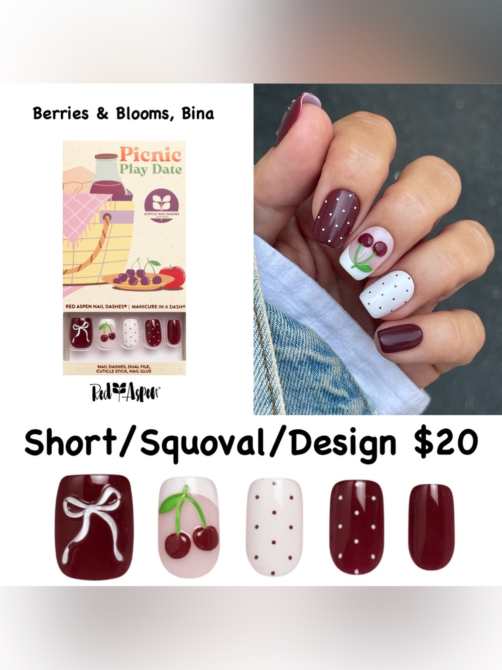 Red Aspen Picnic Play Date Burgundy & White Cherry Press-On Nails